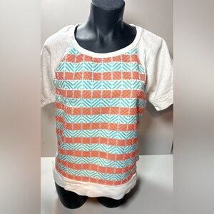 J. Crew White Short Sleeve Tee with Coral and Aqua Geometric Front